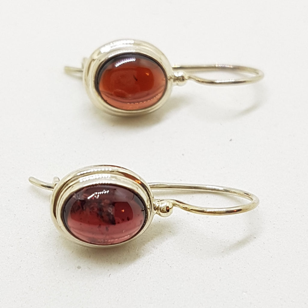 Sterling Silver Oval Cabochon Cut Garnet Drop Earrings