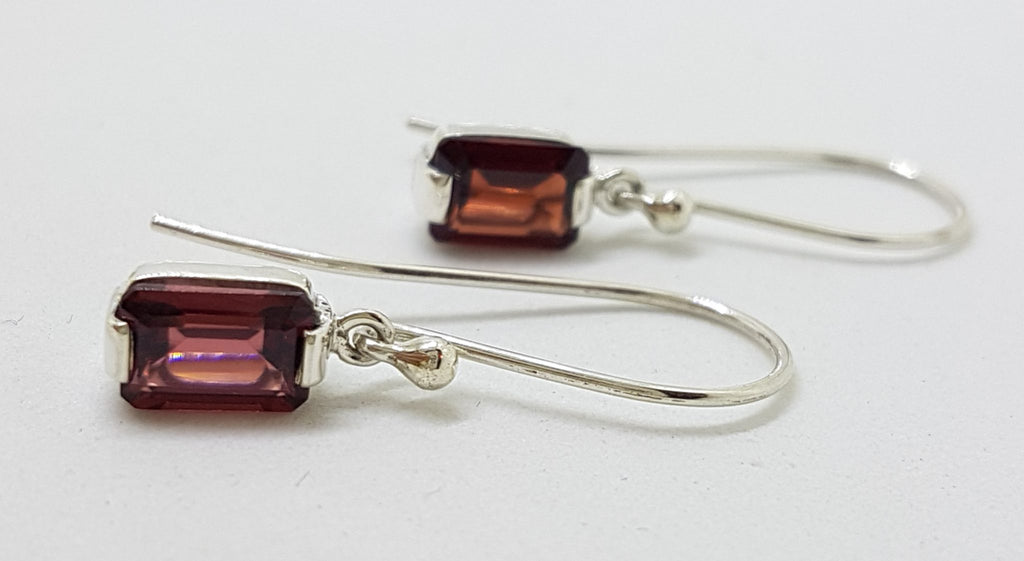 Sterling Silver Rectangular Garnet Drop Earrings