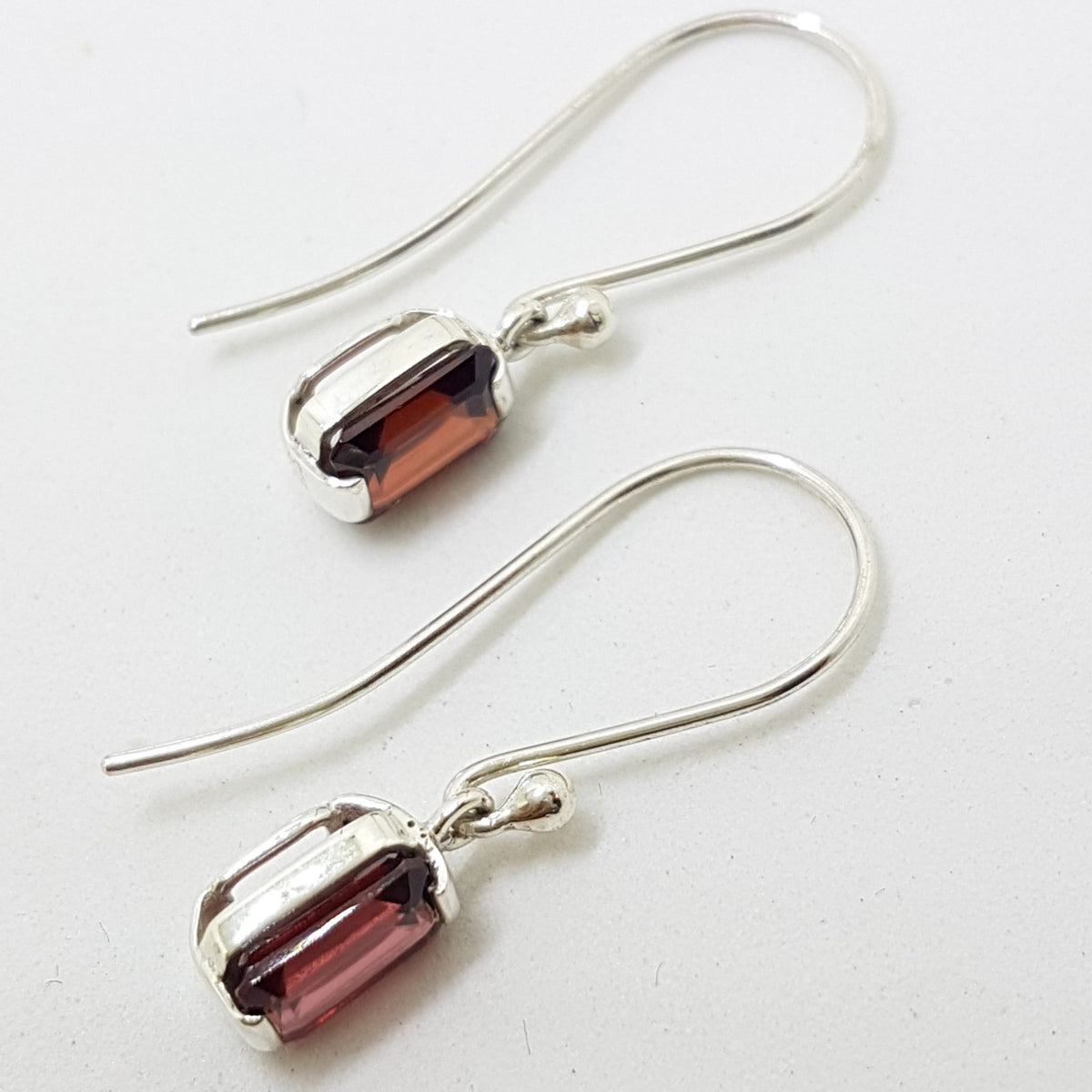 Sterling Silver Rectangular Garnet Drop Earrings