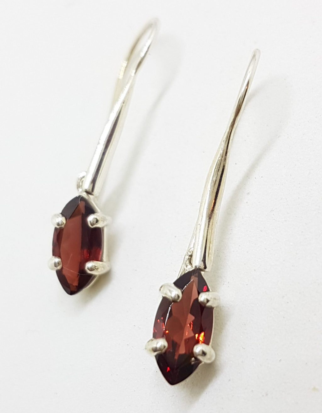 Sterling Silver Long Marquis Garnet Drop Earrings