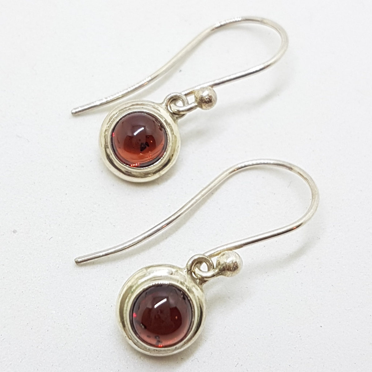 Sterling Silver Round Cabochon Cut Garnet Drop Earrings