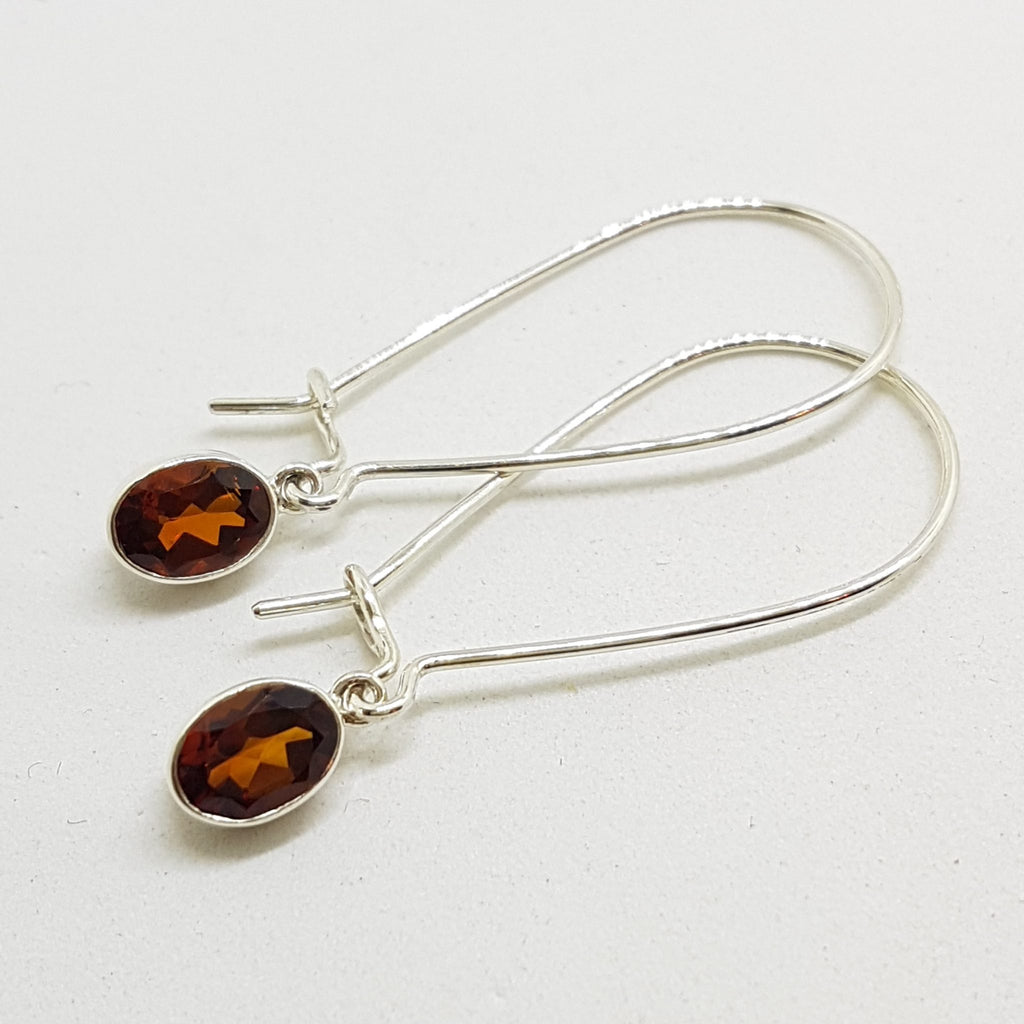 Sterling Silver Oval Garnet Long Hoop Drop Earrings
