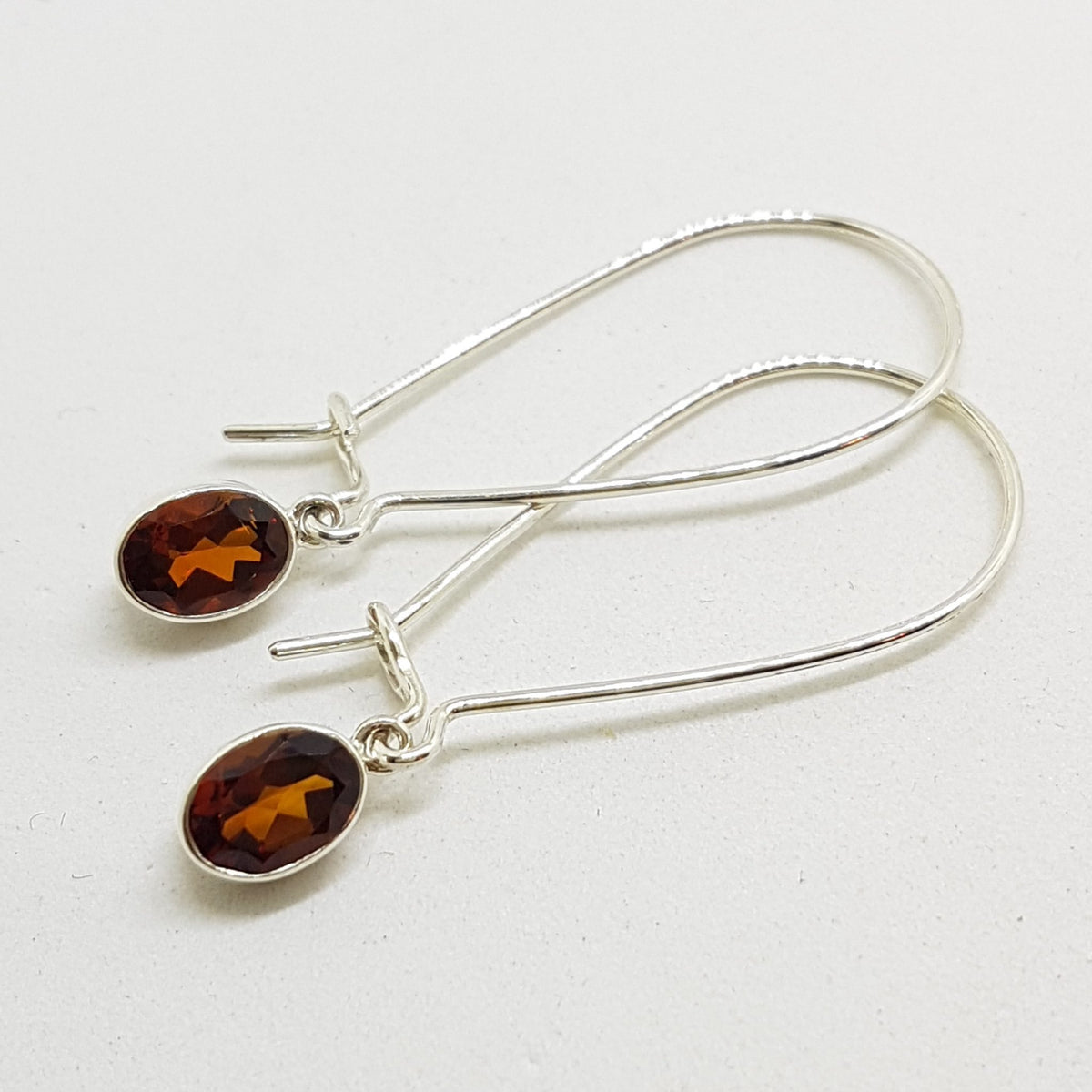 Sterling Silver Oval Garnet Long Hoop Drop Earrings