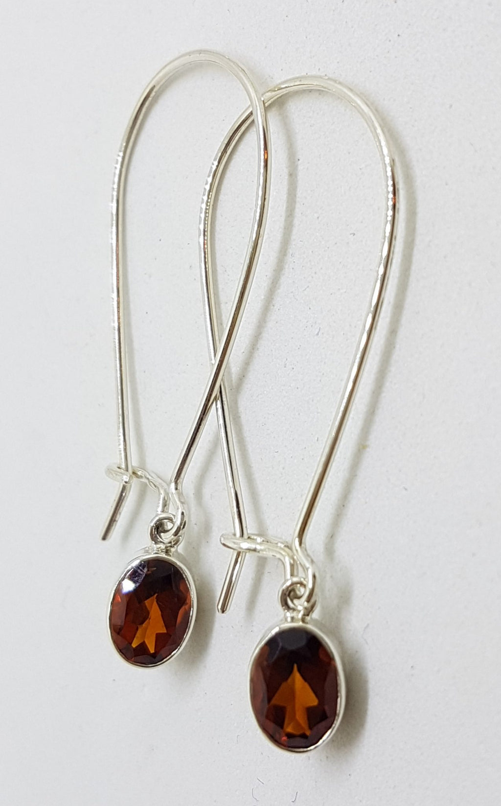 Sterling Silver Oval Garnet Long Hoop Drop Earrings