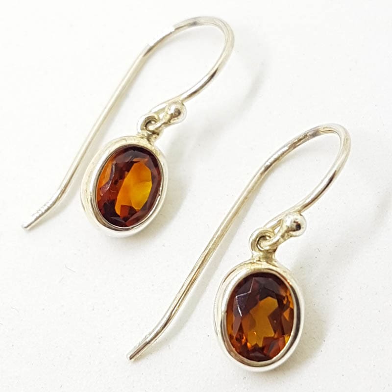 Sterling Silver Oval Bezel Set Garnet Drop Earrings