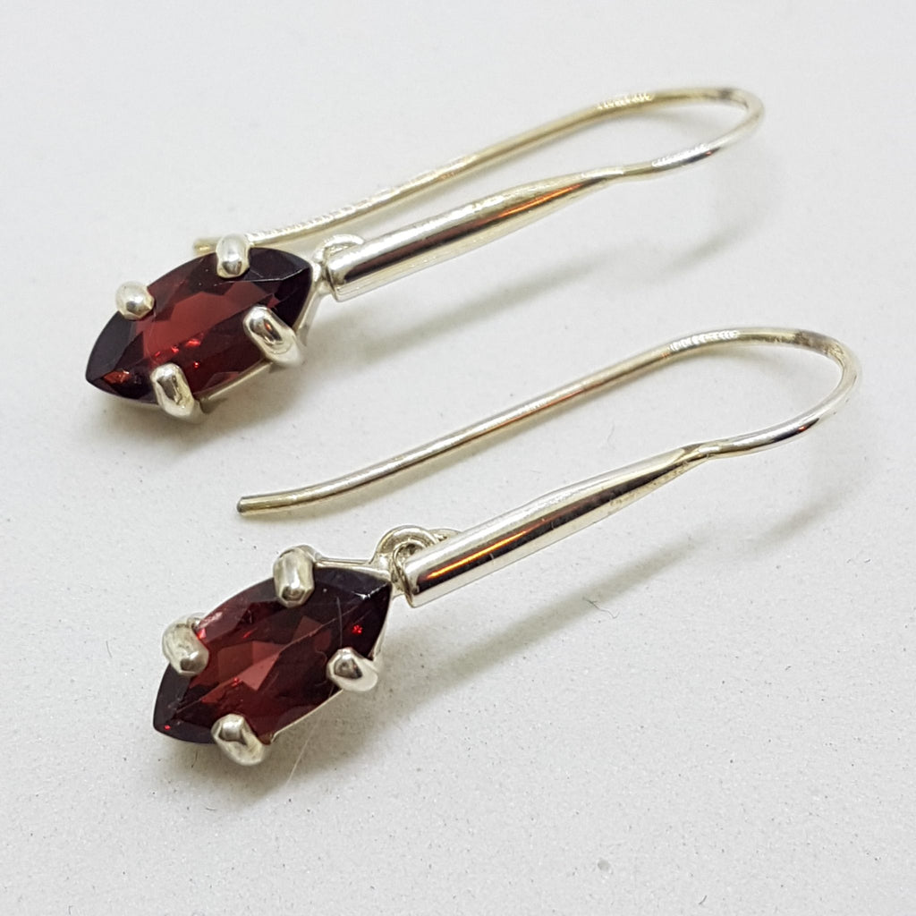 Sterling Silver Long Marquis Garnet Drop Earrings