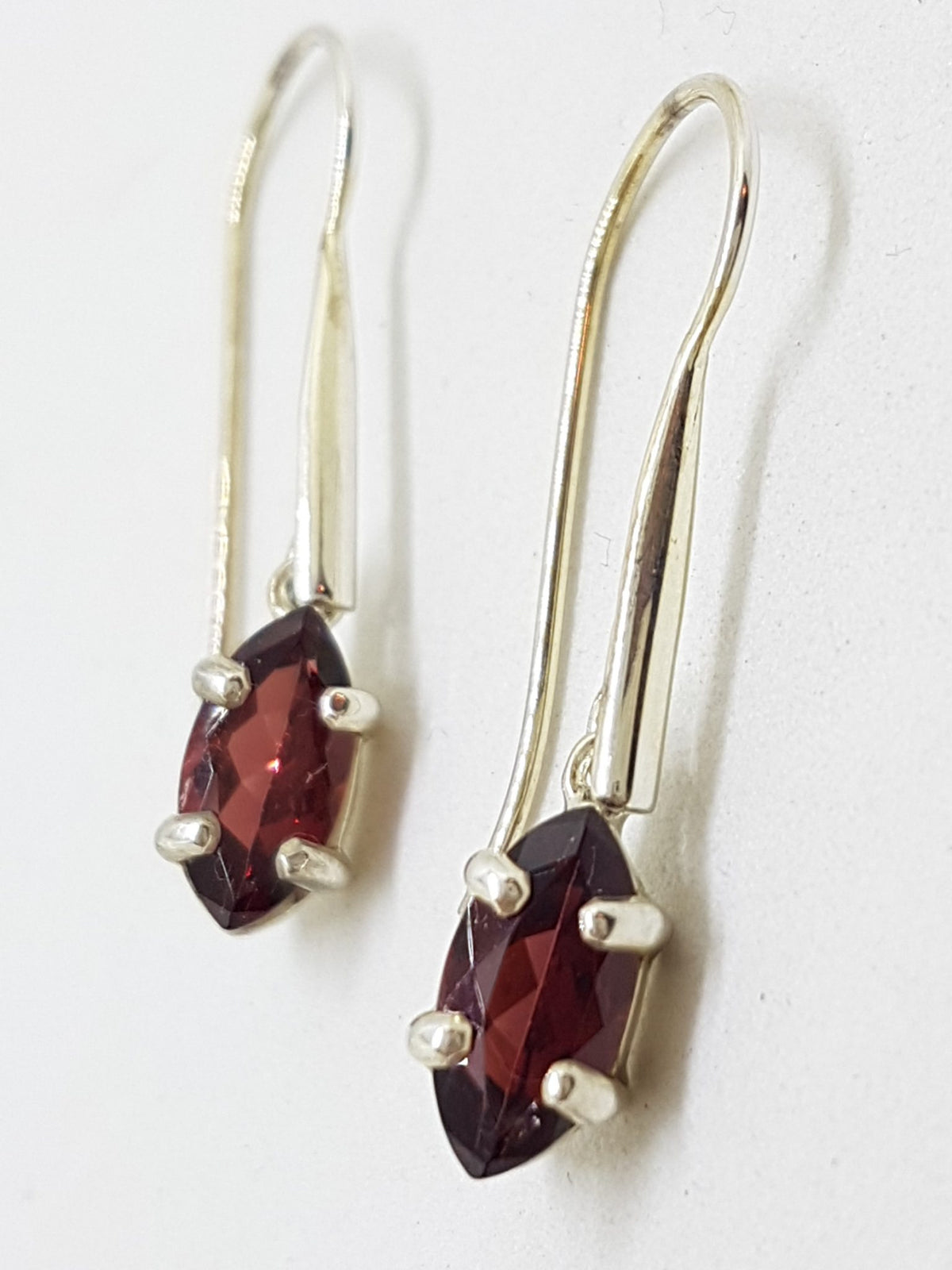 Sterling Silver Long Marquis Garnet Drop Earrings