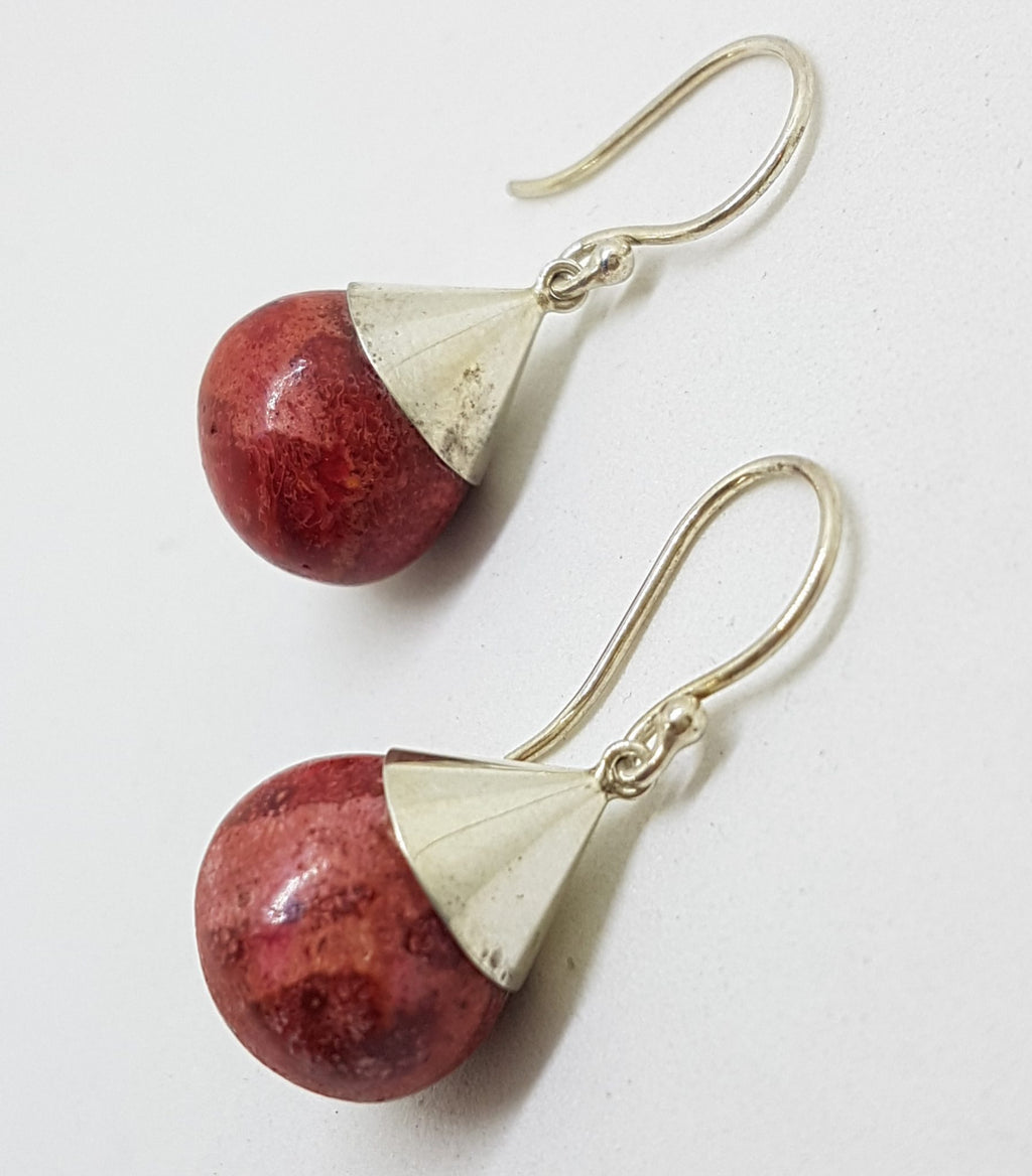 Sterling Silver Coral Ball in Cone Drop Earrings