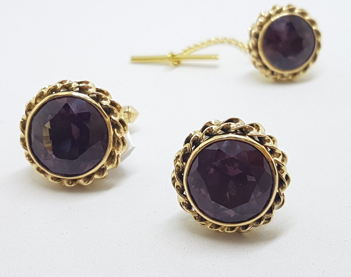 14ct Yellow Gold Large Round Amethyst Cufflinks &amp; Stud Set - Vintage / Antique