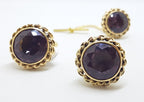 14ct Yellow Gold Large Round Amethyst Cufflinks &amp; Stud Set - Vintage / Antique