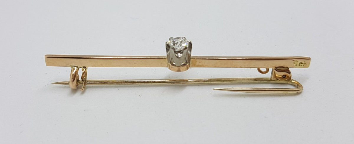 9ct Yellow Gold Solitaire Diamond Bar Brooch - Antique / Vintage