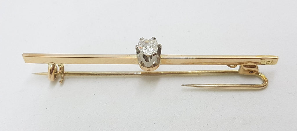 9ct Yellow Gold Solitaire Diamond Bar Brooch - Antique / Vintage