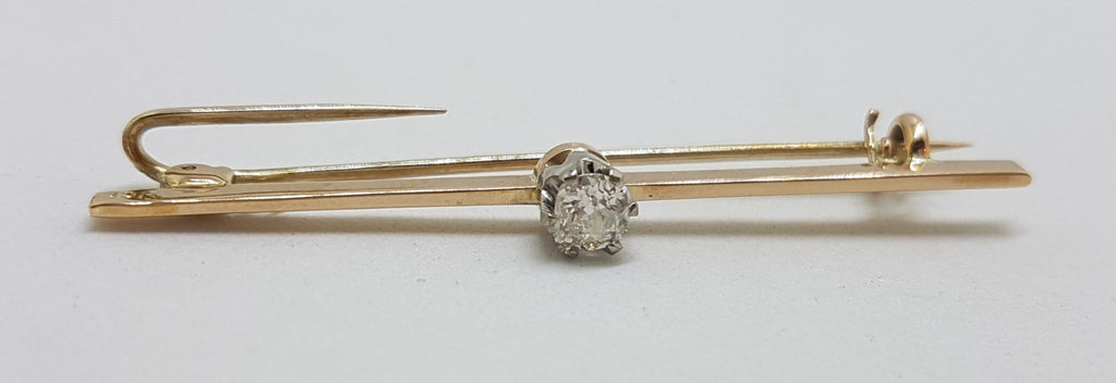 9ct Yellow Gold Solitaire Diamond Bar Brooch - Antique / Vintage