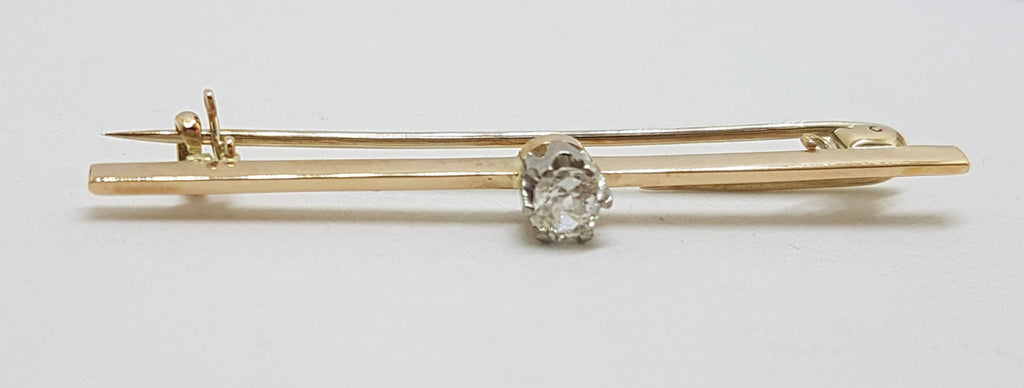 9ct Yellow Gold Solitaire Diamond Bar Brooch - Antique / Vintage