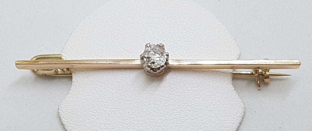 9ct Yellow Gold Solitaire Diamond Bar Brooch - Antique / Vintage