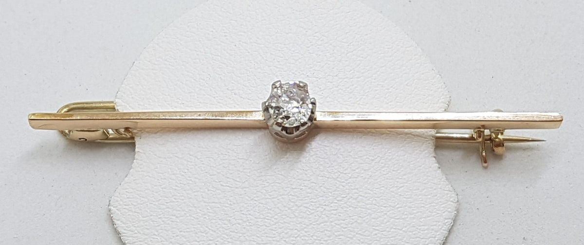 9ct Yellow Gold Solitaire Diamond Bar Brooch - Antique / Vintage