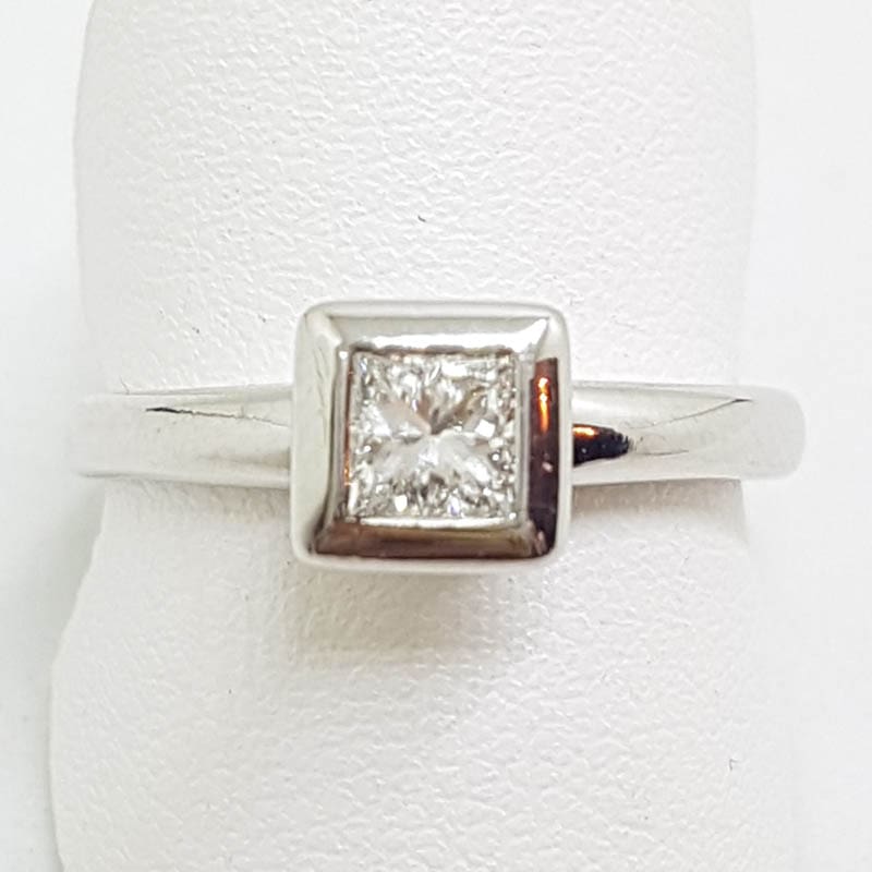 9ct White Gold Princess Cut Solitaire Diamond Square Engagement Ring - Bezel Set