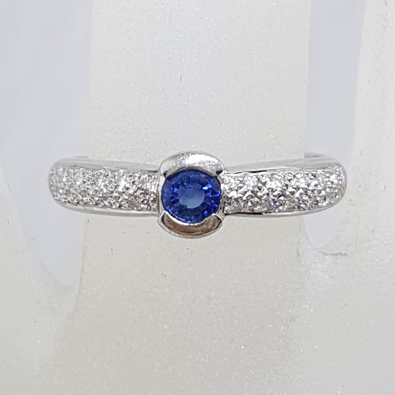 18ct White Gold Natural Sapphire with Pave Set Diamonds Ring