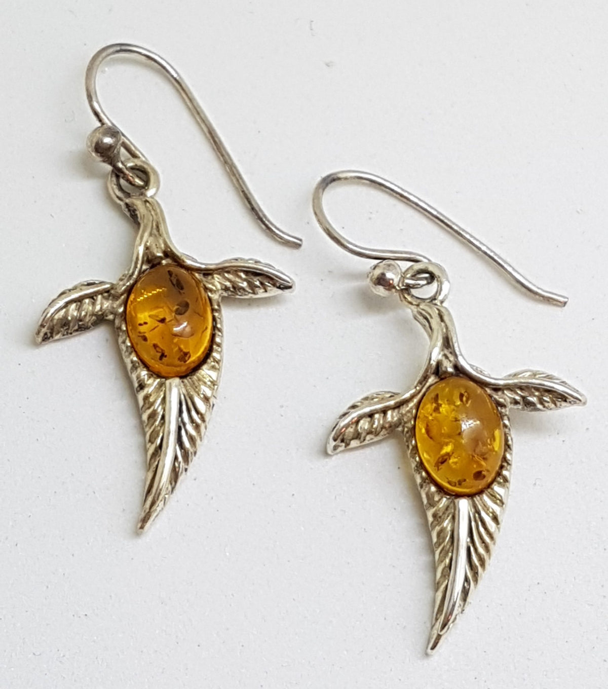 Sterling Silver Natural Baltic Amber Leaf/Feather Drop Earrings