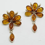 Sterling Silver Natural Amber Large Cluster with Drop Stud Earrings