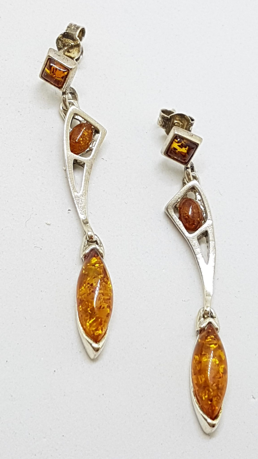 Sterling Silver Natural Baltic Amber Very Long Stud / Drop Earrings