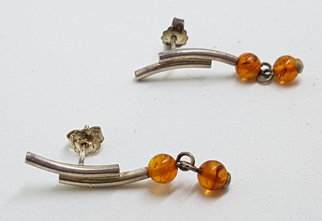 Sterling Silver Natural Baltic Amber Long Ball Stud Earrings