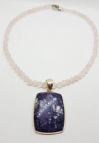 Sterling Silver Large Rectangular Lapidolite Pendant on Rose Quartz and Silver Bead Necklace / Chain