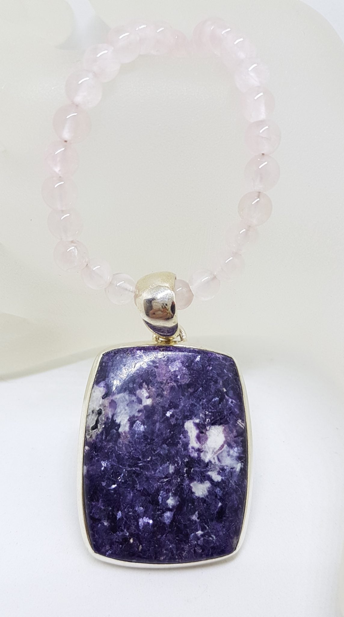 Sterling Silver Large Rectangular Lapidolite Pendant on Rose Quartz and Silver Bead Necklace / Chain