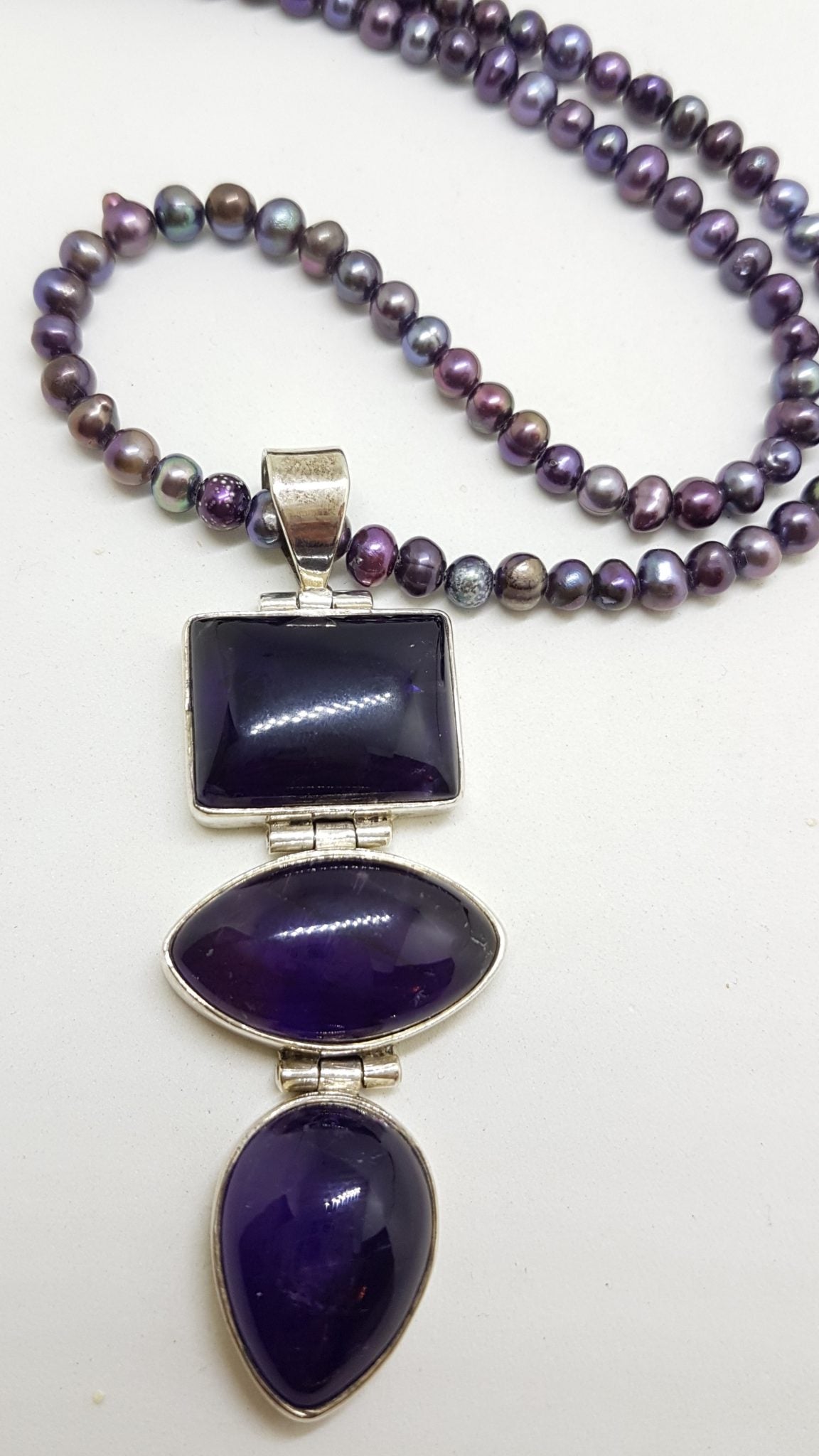 Sterling Silver Large and Long Three Stone Cabochon Cut Amethyst Pendant on Pearl Necklace / Chain