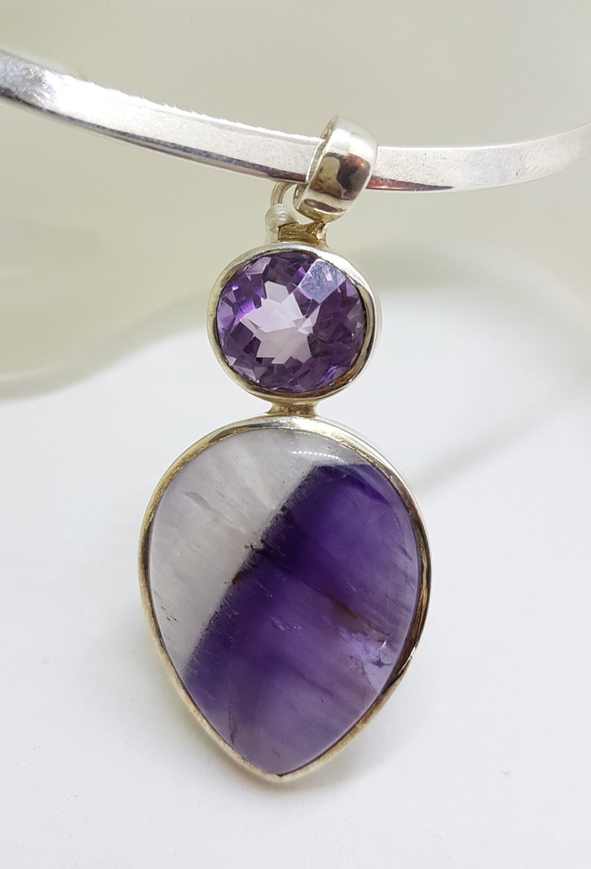 Sterling Silver Large Teardrop Shaped Cabochon Amethyst with Oval Faceted Amethyst Pendant on Sterling Silver Choker