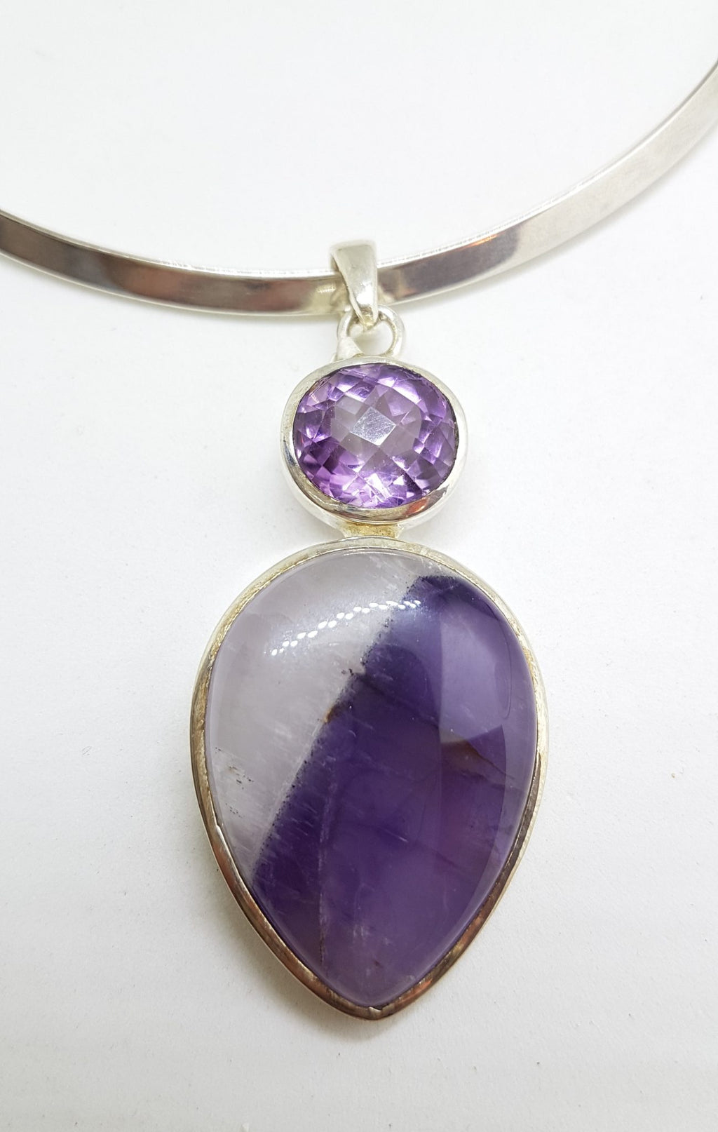 Sterling Silver Large Teardrop Shaped Cabochon Amethyst with Oval Faceted Amethyst Pendant on Sterling Silver Choker