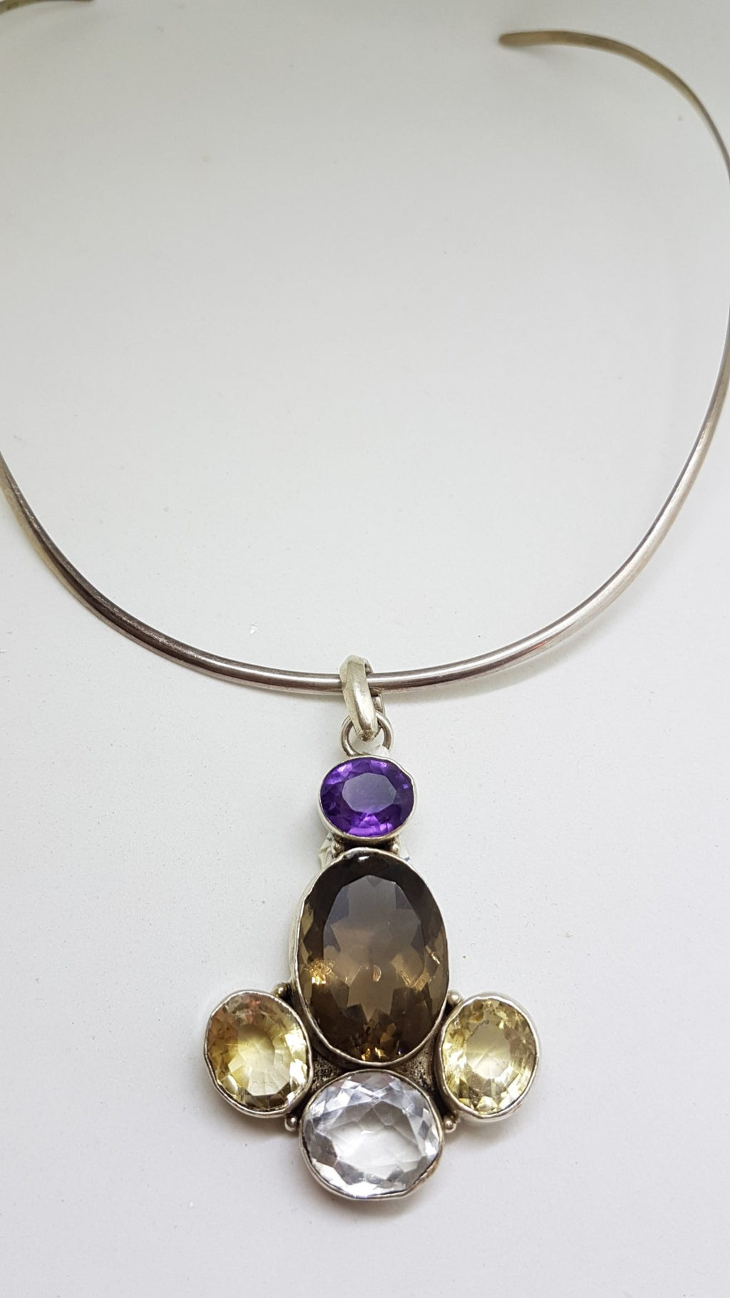 Sterling Silver Large Smokey Quartz, Amethyst, Clear Crystal Quartz and Citrine Pendant on Silver Choker Necklace
