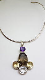 Sterling Silver Large Smokey Quartz, Amethyst, Clear Crystal Quartz and Citrine Pendant on Silver Choker Necklace