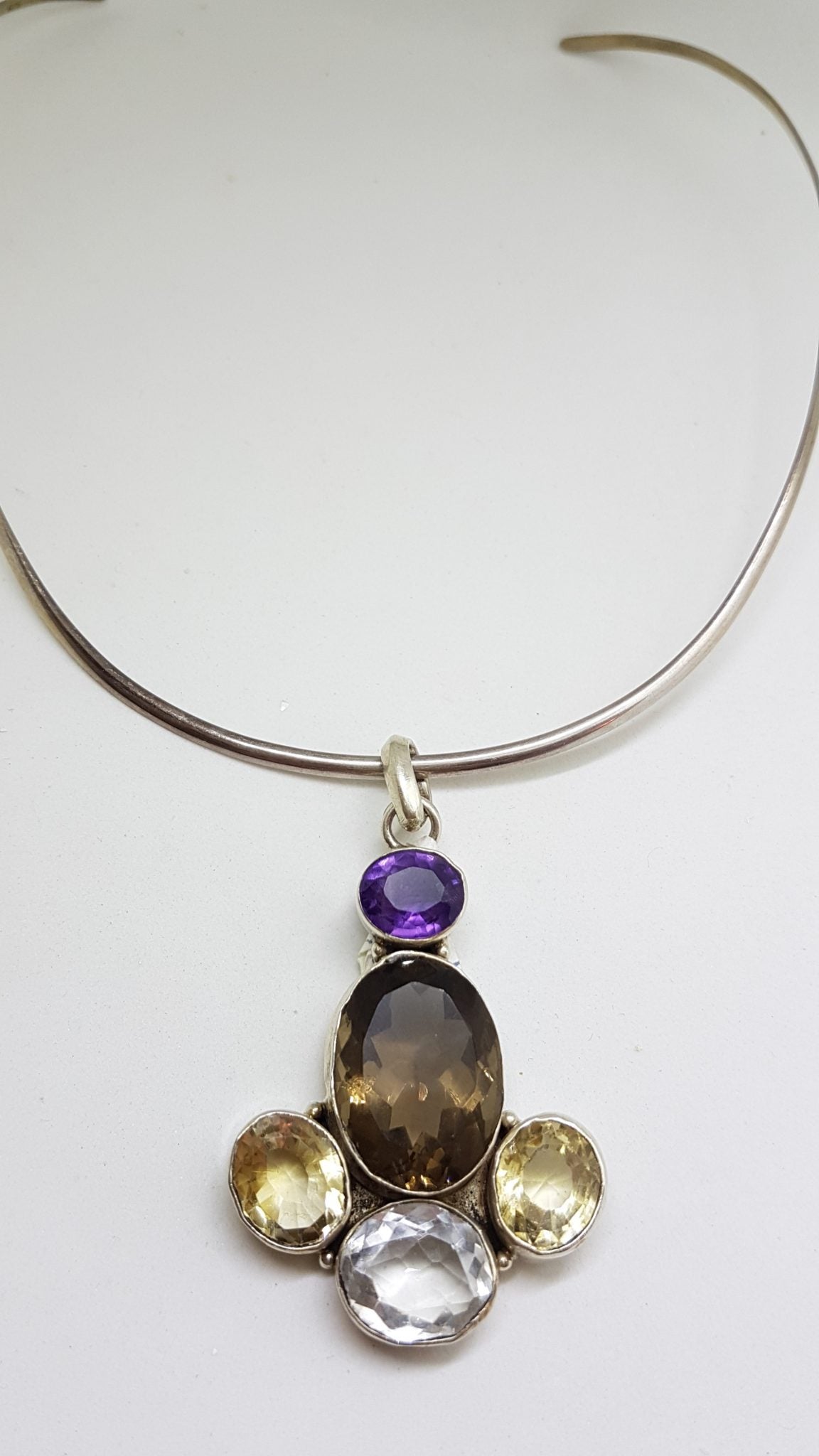 Sterling Silver Large Smokey Quartz, Amethyst, Clear Crystal Quartz and Citrine Pendant on Silver Choker Necklace