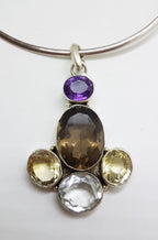 Sterling Silver Large Smokey Quartz, Amethyst, Clear Crystal Quartz and Citrine Pendant on Silver Choker Necklace