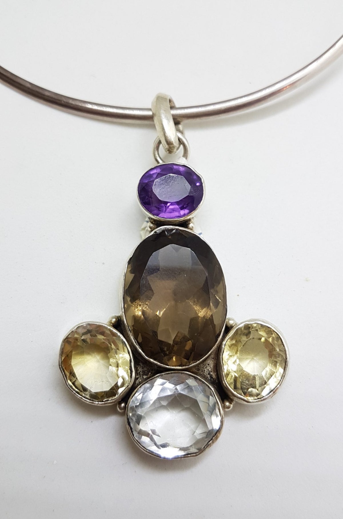 Sterling Silver Large Smokey Quartz, Amethyst, Clear Crystal Quartz and Citrine Pendant on Silver Choker Necklace