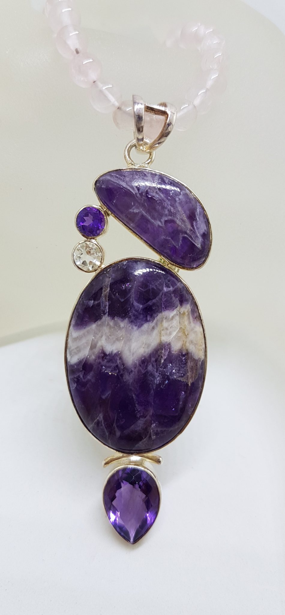 Sterling Silver Large Amethyst and Clear Crystal Quartz Pendant on Silver Rose Quartz Bead Necklace