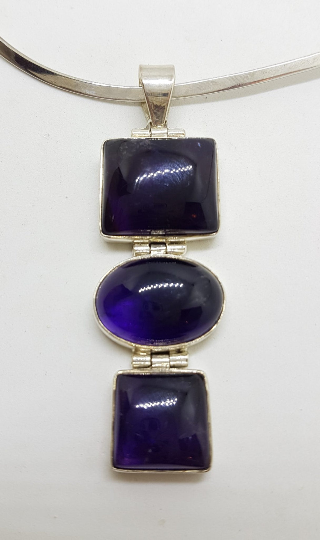 Sterling Silver Large and Long Three Stone Cabochon Amethyst Pendant on Silver Choker / Chain
