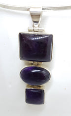 Sterling Silver Large and Long Three Stone Cabochon Amethyst Pendant on Silver Choker / Chain