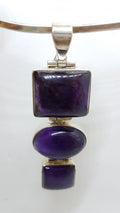 Sterling Silver Large and Long Three Stone Cabochon Amethyst Pendant on Silver Choker / Chain