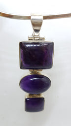 Sterling Silver Large and Long Three Stone Cabochon Amethyst Pendant on Silver Choker / Chain