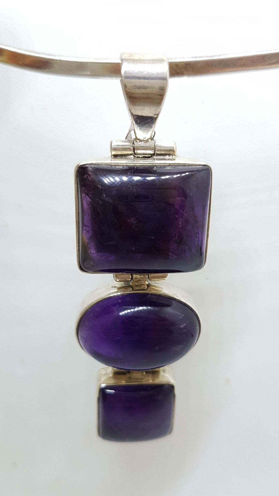Sterling Silver Large and Long Three Stone Cabochon Amethyst Pendant on Silver Choker / Chain