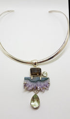 Sterling Silver Large Amethyst Crystal Slice, Green Amethyst / Prasiolite , Clear Crystal Quartz and Smokey Quartz Pendant on Sterling Silver Choker