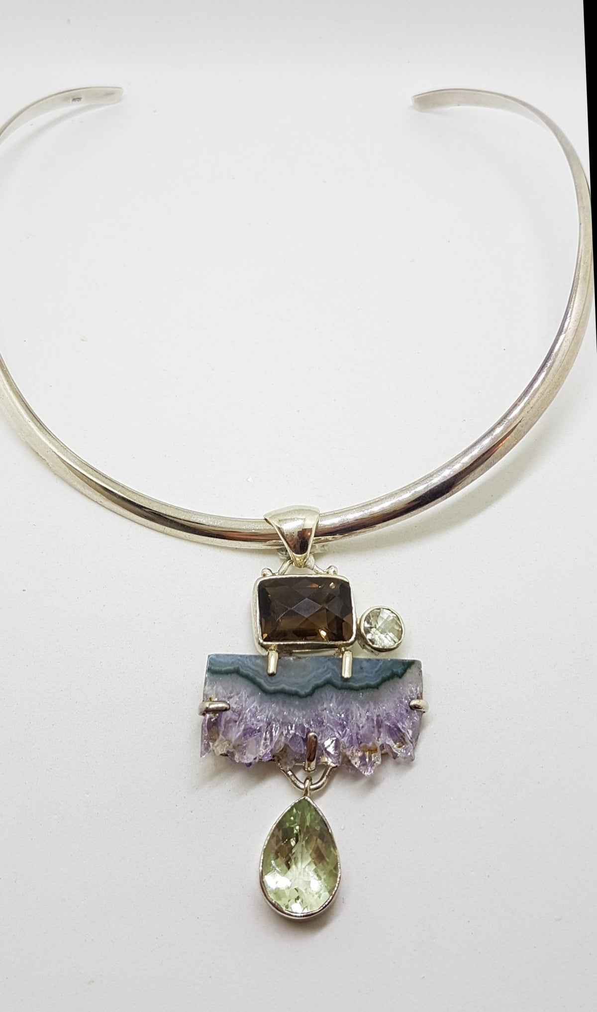 Sterling Silver Large Amethyst Crystal Slice, Green Amethyst / Prasiolite , Clear Crystal Quartz and Smokey Quartz Pendant on Sterling Silver Choker