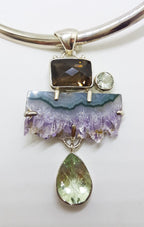 Sterling Silver Large Amethyst Crystal Slice, Green Amethyst / Prasiolite , Clear Crystal Quartz and Smokey Quartz Pendant on Sterling Silver Choker
