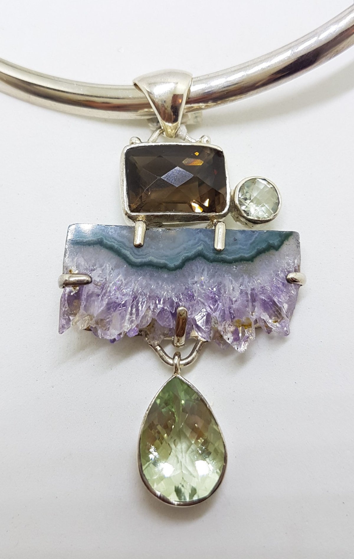 Sterling Silver Large Amethyst Crystal Slice, Green Amethyst / Prasiolite , Clear Crystal Quartz and Smokey Quartz Pendant on Sterling Silver Choker