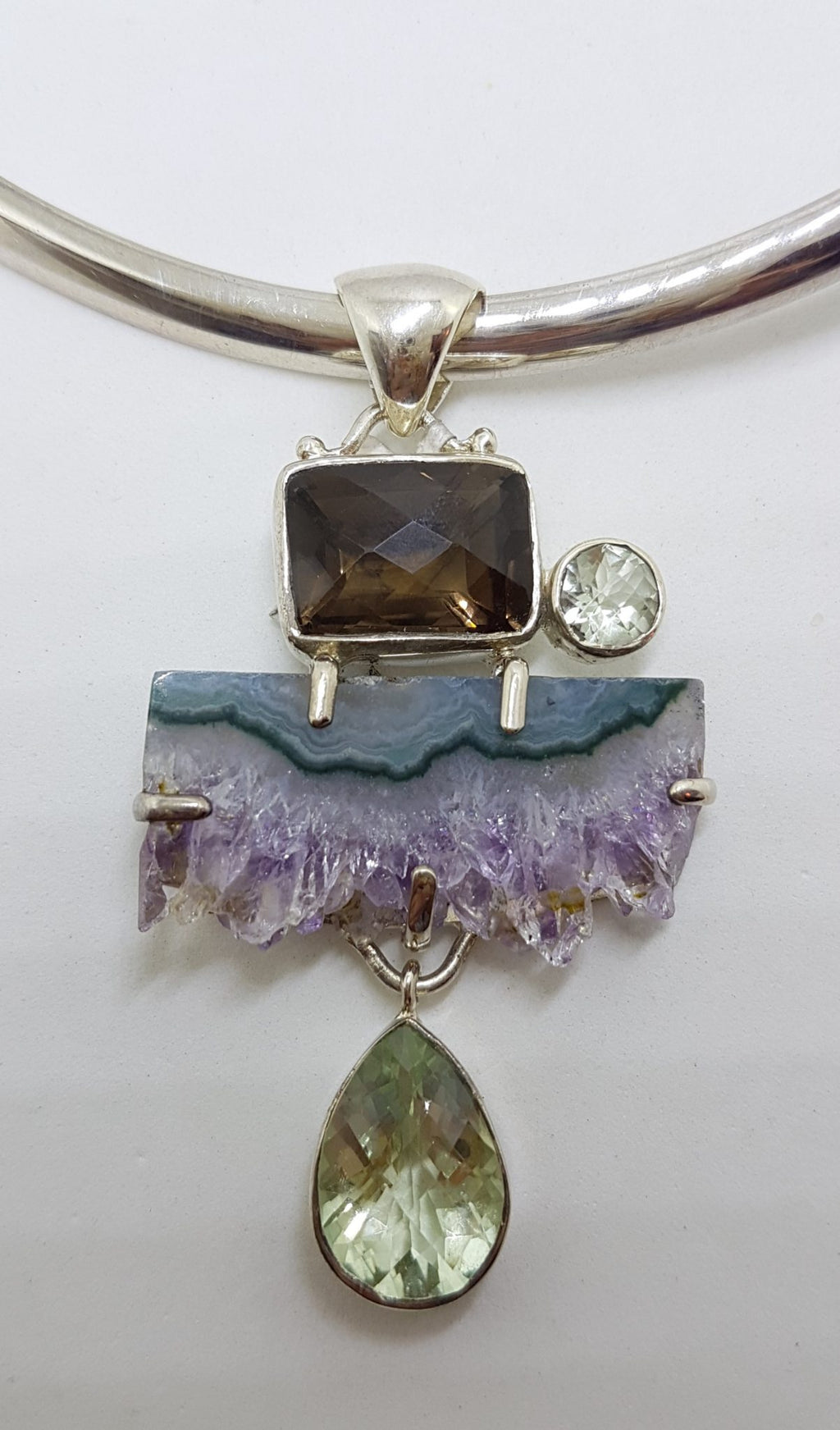 Sterling Silver Large Amethyst Crystal Slice, Green Amethyst / Prasiolite , Clear Crystal Quartz and Smokey Quartz Pendant on Sterling Silver Choker