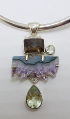 Sterling Silver Large Amethyst Crystal Slice, Green Amethyst / Prasiolite , Clear Crystal Quartz and Smokey Quartz Pendant on Sterling Silver Choker