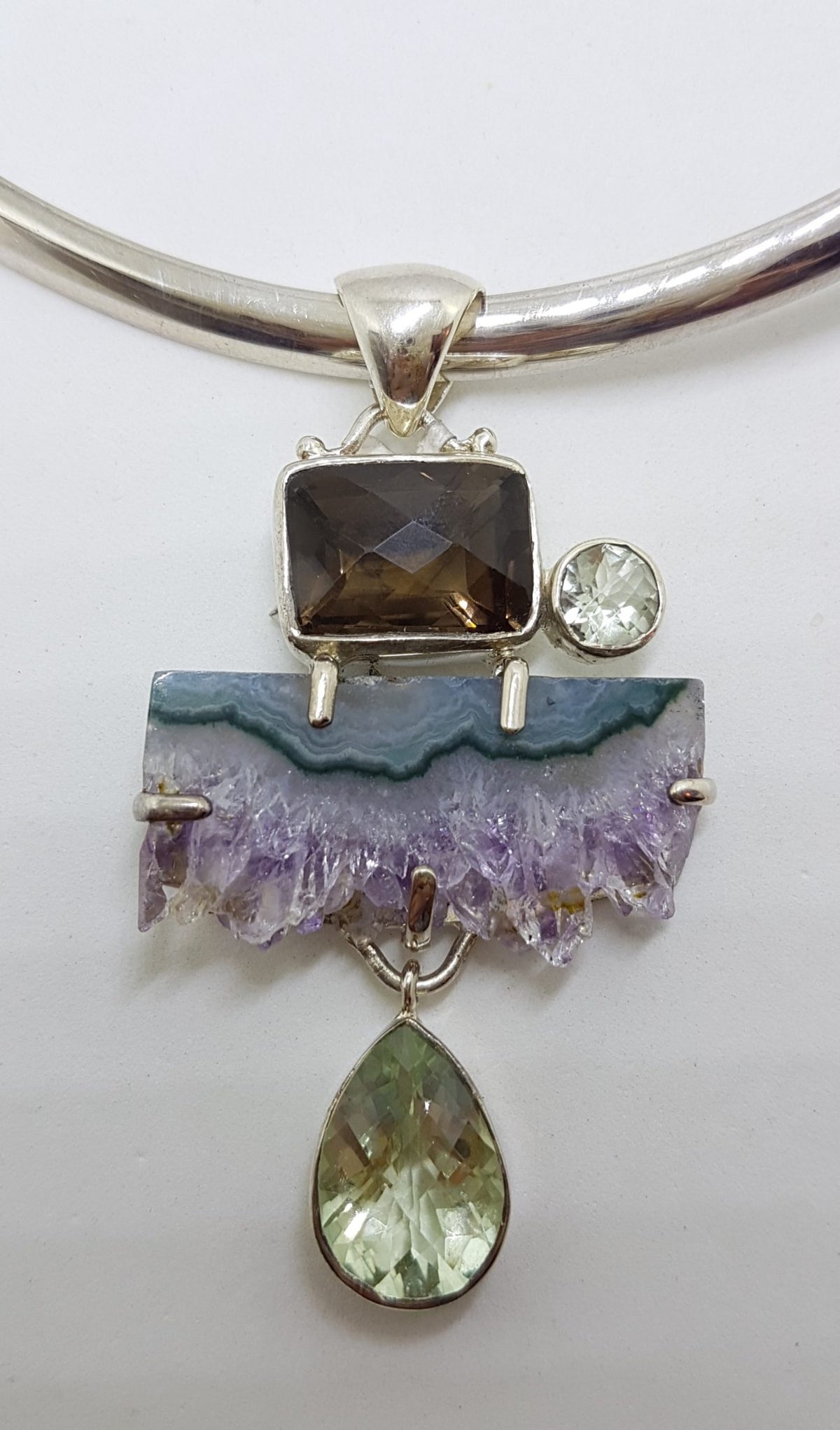 Sterling Silver Large Amethyst Crystal Slice, Green Amethyst / Prasiolite , Clear Crystal Quartz and Smokey Quartz Pendant on Sterling Silver Choker