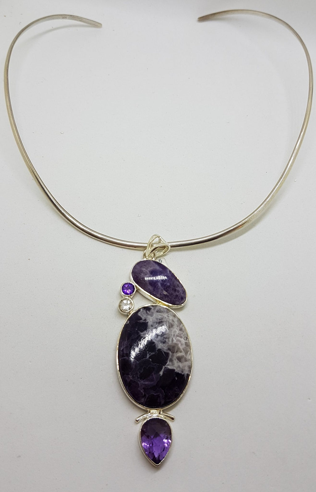 Sterling Silver Large Amethyst and Clear Crystal Quartz Pendant on Silver Choker / Chain /  Necklace